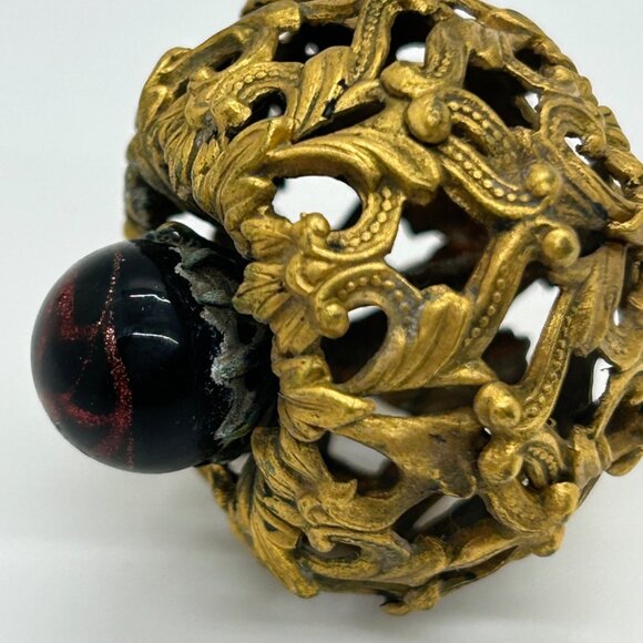 Antique Edwardian Hat Pin Gilded Brass Filigree Red Cabochon 1900s 9" READ - Picture 6 of 16